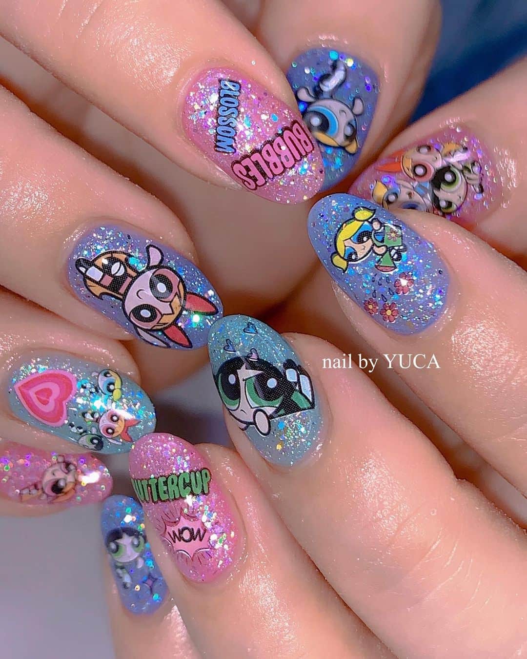 のインスタグラム：「The Powerpuff Girls 🍭 @re._reichan_  ありがとうございます💓 ⁡ ⁡ ⁡ #キャラネイル #パワパフネイル #powerpuffgirls  #nail #ネイル #젤네일 #네일  #tettynail #유카네일 #美甲 #yucanail」