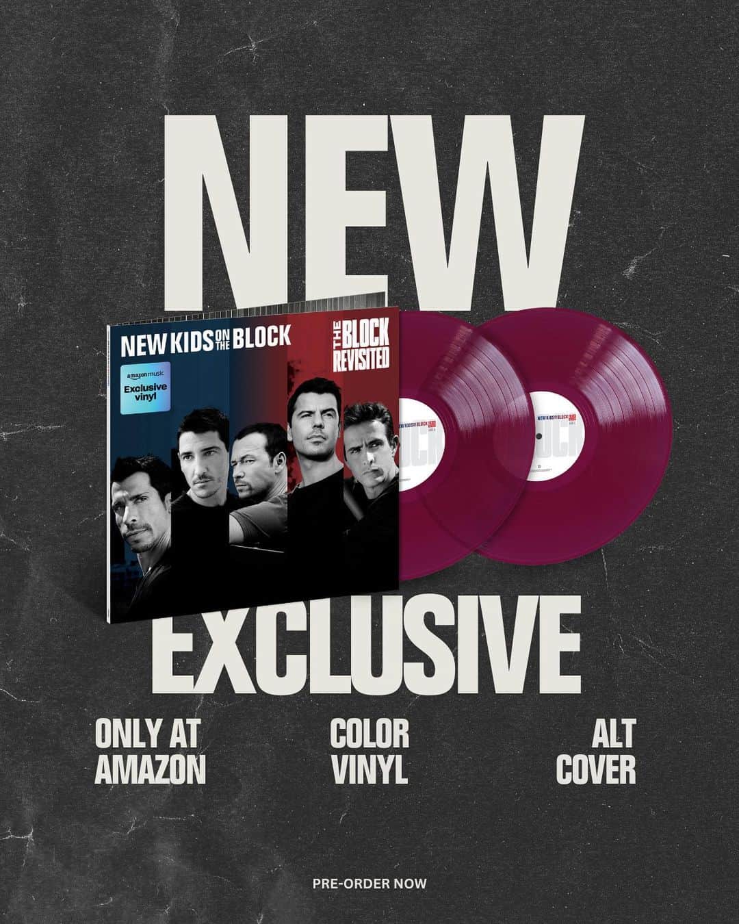 ニュー・キッズ・オン・ザ・ブロックのインスタグラム：「Today!!! You can now pre-order The Block Revisited on 2LP purple vinyl (with bonus tracks and alternate cover) exclusively at Amazon and on 1CD with bonus tracks exclusively at Target!! 🤖❤️ ♾️」