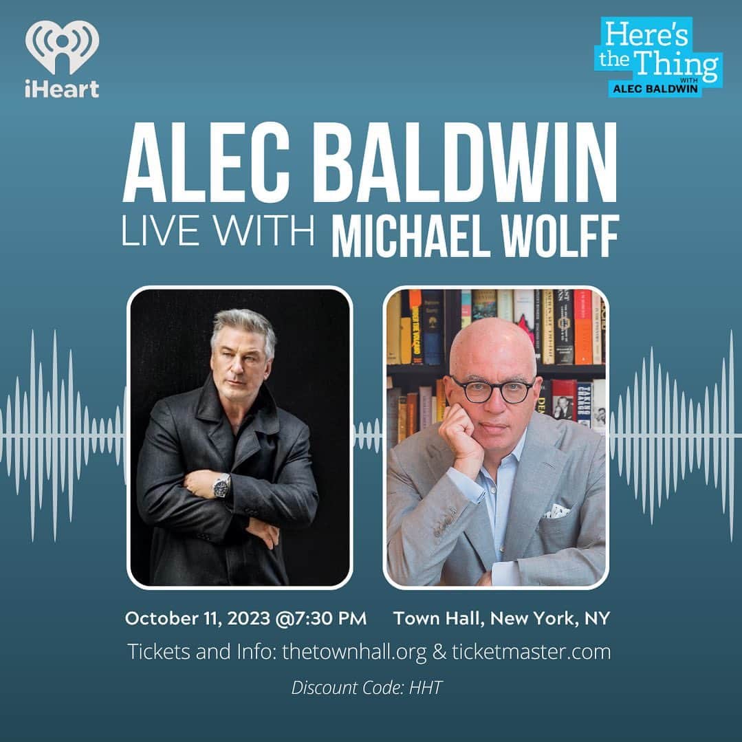 のインスタグラム：「“Here's The Thing with Alec Baldwin" is bringing you a live show you won't want to miss. Join us as Alec sits down with author Michael Wolff to chat about his new book, "The Fall: The End of Fox News and the Murdoch Dynasty."   🗓 Date: October 11, 2023 ⏰ Time: 7:30 PM 📍 Location: Town Hall, New York, NY  For more information and tickets, head to thetownhall.org & ticketmaster.com. Use code HTT to receive a discount.」