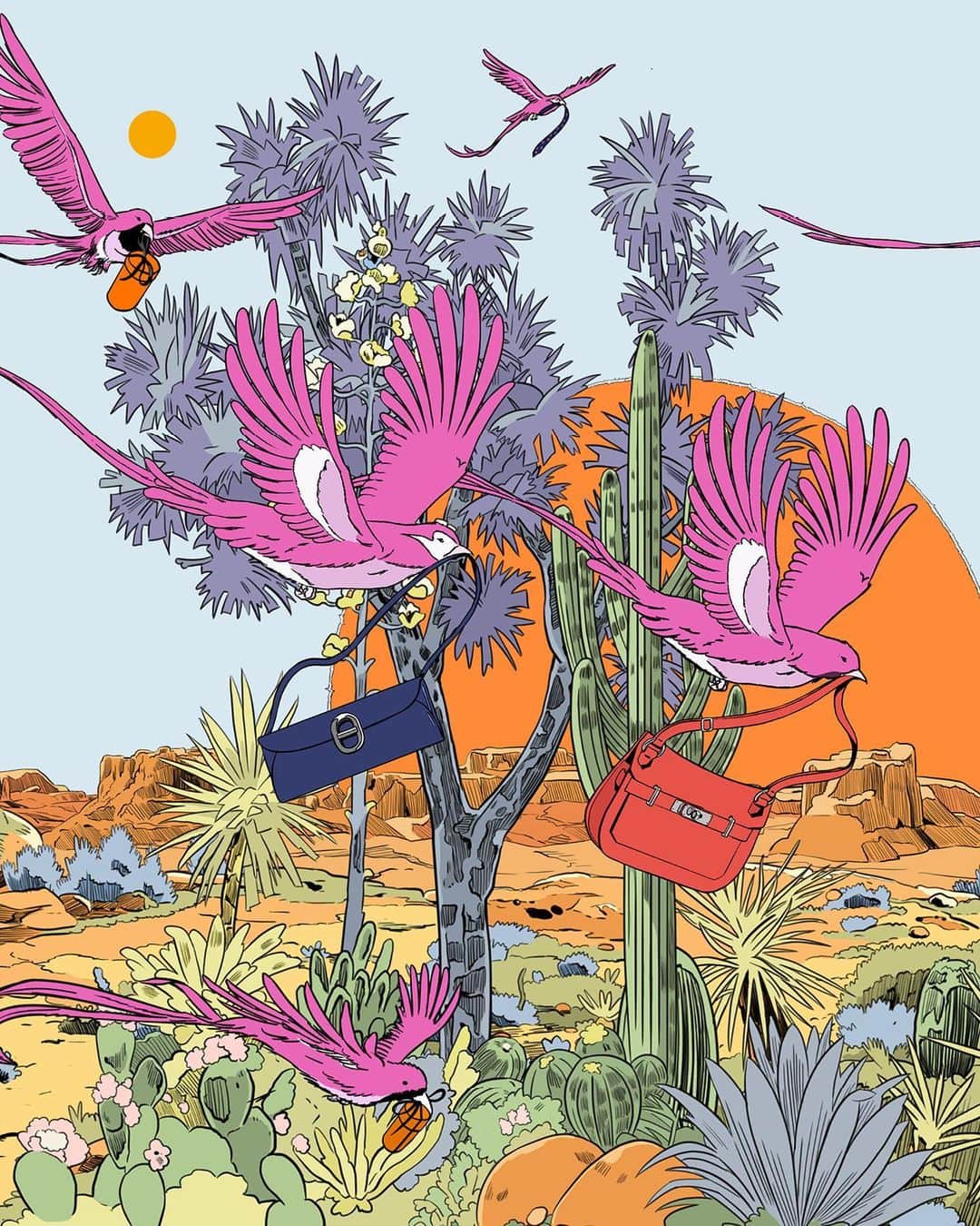 エルメスのインスタグラム：「Desert dreams. 🏜️ A surreal series by artist @ugobienvenu  #UnexpectedLandscapes  #ChaineDAncreToGoBag #JypsiereMiniBag #VidePocheBag #AmulettesKellyPendant #Hermes」