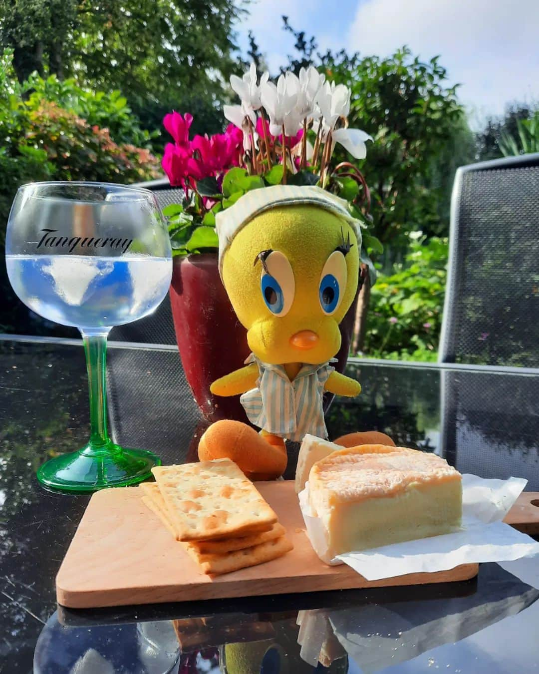 Little Yellow Birdのインスタグラム：「I'm all set for the weekend: I've got cheese and a gin tonic. Only good things happening here!! #littleyellowbird #tweety #tweetykweelapis #adventures #yellow #bird #weekend #friday #happyhour #drinks #gintonic #cheese #kaasplankje #cheers #proost #stuffedanimalsofinstagram #plushiesofinstagram」