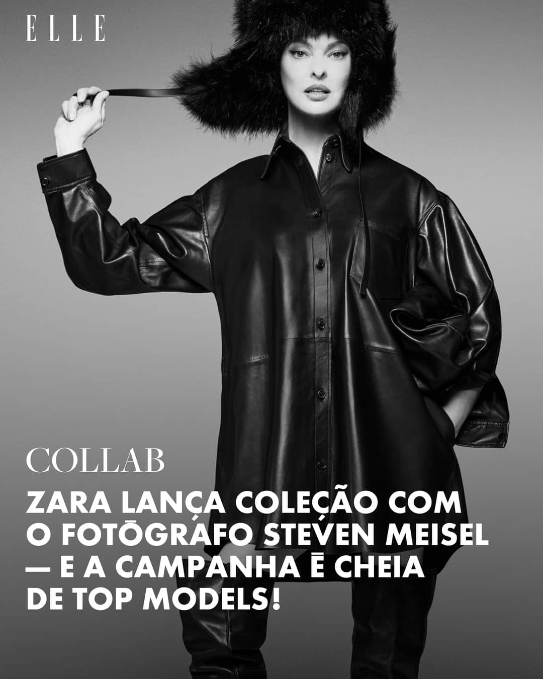 ELLE Brasilのインスタグラム：「Tem parceria nova chegando aí! Estamos falando da collab entre @stevenmeiselofficial e @Zara. Sim, um dos fotógrafos mais aclamados da atualidade se juntou à rede de fast fashion espanhola para criar uma coleção inspirada no seu repertório imagético e, principalmente, no seu próprio guarda-roupa.   Pense em calças, camisas e coletes de couro, moletons com capuzes, parkas, gorros felpudos e botas de cano alto. Tudo preto, bem fiel à cor uniforme do estadunidense, que se consagrou durante os anos 1990 com uma boa ajudinha das supermodelos – em especial @lindaevangelista – e assina algumas das fotografias mais emblemáticas da história recente da moda.  Para o lançamento, que acontece hoje (08.9), com a abertura de uma pop-up em Nova York, Meisel fez 26 retratos de pessoas ligadas à sua história e carreira. São personalidades como @ambervalletta, @irinashayk, @gigihadid, @kaiagerber, @evaherzigova, @altonmason e, claro, Linda Evangelista.  Depois do dia 15 de setembro, a loja temporária migra para Londres, onde fica aberta até 17.9. Após essa data, todas as lojas e e-commerces da Zara já terão peças da coleção cápsula Steven Meisel New York disponíveis para vendas. (via @_luigitorre)」