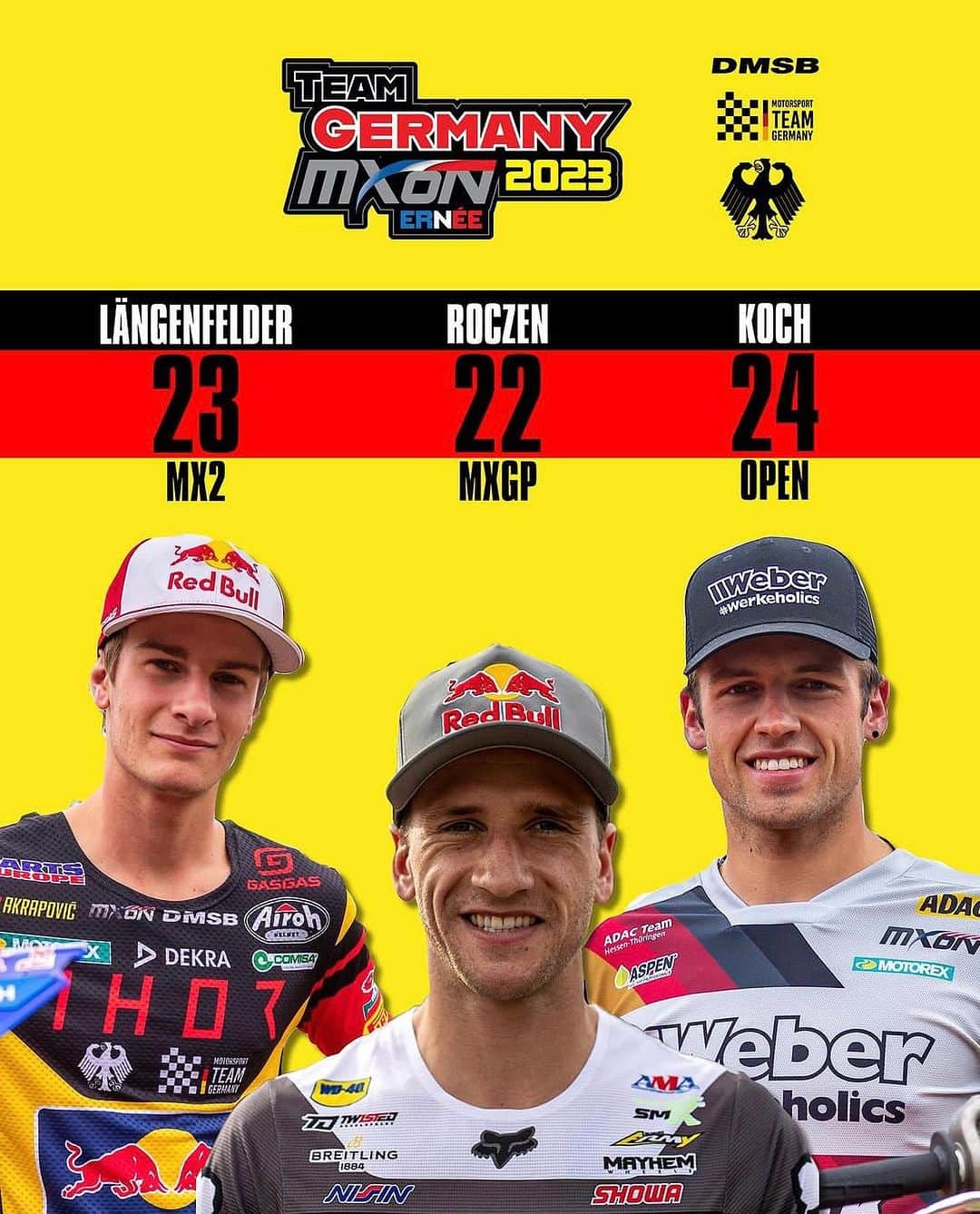ケン・ロックゼンのインスタグラム：「MxoN 2023 here we come!!!  Ich bin super happy nach langer Zeit wieder am MXON für team Deutschland an den Start zu gehen.  Ich fühle mich fit und gesund und somit ergeizig mit meinen Team Kollegen alles zu geben. Ich bin in dieses Jahr nicht viel MX gefahren, dennoch bin ich guter Dinge das wir mit einem starken Team wie wir haben ein gutes Resultat einfahren können. So schnell verlernt man das Mx fahren ja auch wieder nicht 😎  I am super stoked to be back on the gate at MxoN for Team Germany. I didn’t ride much Mx this year but i am still confident with as strong of a team as we have that we can get a good result in the books! In the end, you don’t unlearn how to ride Mx that quickly 😎  @simon_516 @tomkoch226」
