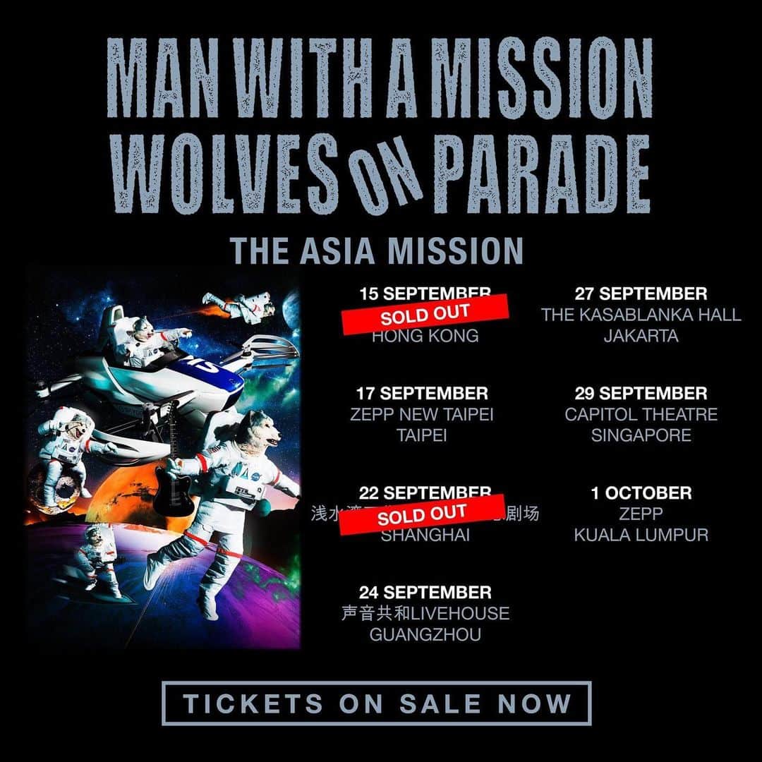Man With A Missionさんのインスタグラム写真 - (Man With A MissionInstagram)「This time next week Wolves on Parade - The Asia Mission will begin in Hong Kong 🎉🐺 Which date are you coming to?  🎟 The last remaining tickets are available via the link in bio.  #mwam #manwithamission #wolvesonparade #mwamasia」9月9日 1時52分 - mwamofficial