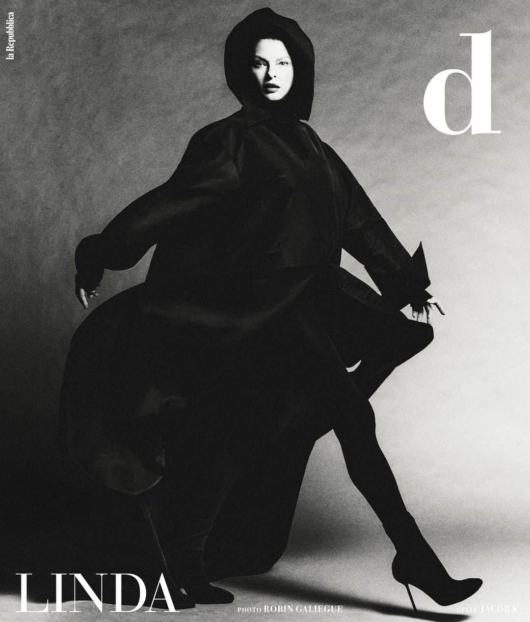 リンダ・エヴァンジェリスタのインスタグラム：「Thank you all for this really fun day!   @drepubblicait  Stylist: @kjeldgaard1  Photographer: @robingaliegue  Editor in Chief: @efarneti  Interview: @williamnorwich__  Hair: @jimmypaulhair  Makeup: @fulviafarolfi  Casting: @piergiorgio」