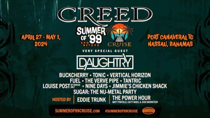 クリス・ドートリーのインスタグラム：「Visit: summerof99cruise.com  #Repost @officialcreedpage   Creed Nation! YOU asked for it, WE brought it!! Get ready for a second sailing: Summer of ‘99 and Beyond Cruise! This immersive rock ‘n’ roll celebration hits the high seas April 27-May 1, 2024, sailing from Port Canaveral (Orlando) to Nassau, Bahamas aboard the luxurious Norwegian Jade. We will be joined by an amazing line up including very special guest, Daughtry! Join the pre-sale and keep your eyes wide open on the dates below!    💥First round pre-sale sign up deadline: September 11th @ 11:59 PM ET 💥Final round pre-sale sign up deadline: September 13th @ 11:59 PM ET 💥Public on sale: September 15th @ 2:00 PM ET   www.summerof99cruise.com   @summerof99cruise #summerof99cruise」