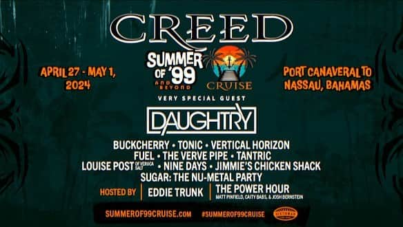 クリス・ドートリーさんのインスタグラム写真 - (クリス・ドートリーInstagram)「Visit: summerof99cruise.com  #Repost @officialcreedpage   Creed Nation! YOU asked for it, WE brought it!! Get ready for a second sailing: Summer of ‘99 and Beyond Cruise! This immersive rock ‘n’ roll celebration hits the high seas April 27-May 1, 2024, sailing from Port Canaveral (Orlando) to Nassau, Bahamas aboard the luxurious Norwegian Jade. We will be joined by an amazing line up including very special guest, Daughtry! Join the pre-sale and keep your eyes wide open on the dates below!    💥First round pre-sale sign up deadline: September 11th @ 11:59 PM ET 💥Final round pre-sale sign up deadline: September 13th @ 11:59 PM ET 💥Public on sale: September 15th @ 2:00 PM ET   www.summerof99cruise.com   @summerof99cruise #summerof99cruise」9月9日 2時15分 - chrisdaughtry