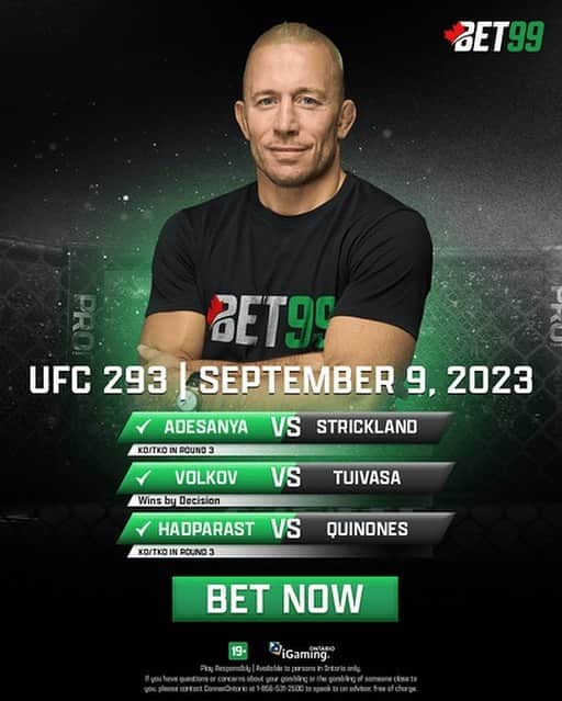 ジョルジュ・サンピエールのインスタグラム：「UFC 293: Adesanya v. Strickland   @georgesstpierre has his picks in for the Main Card on Saturday!  You can get in on the action w/ GSP @bet99sportsbook   Who are you going with Down Under 🇦🇺?!」