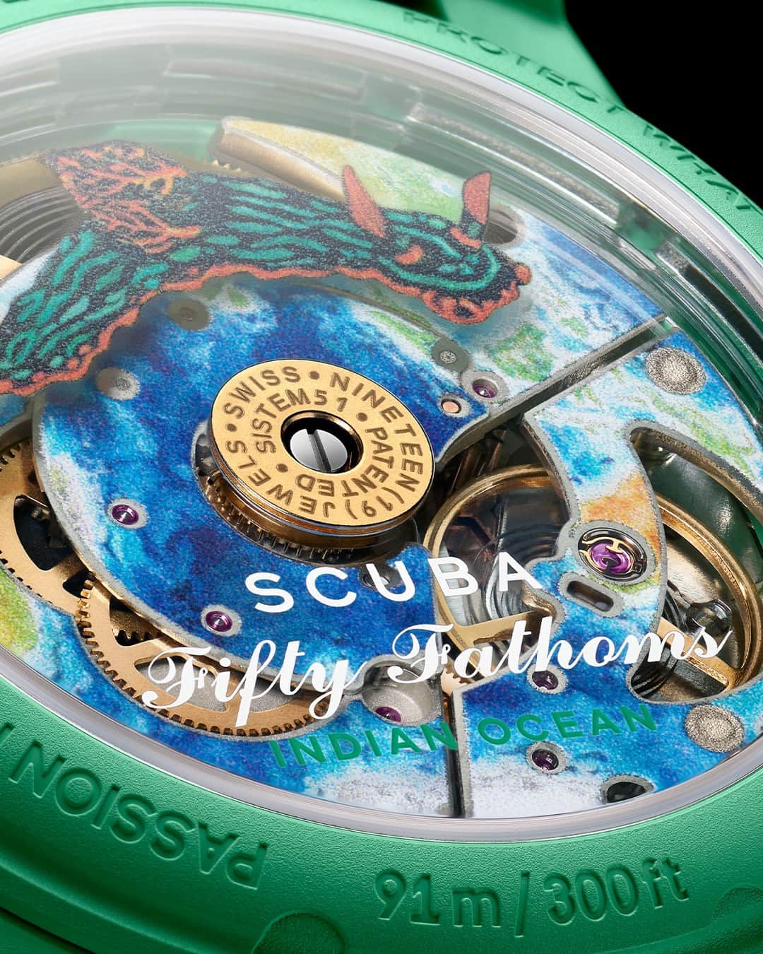 Swatchのインスタグラム：「The watches in our Blancpain X Swatch collab celebrate the five oceans and the colorful nudibranchs that inhabit them. They are illustrated in a digital print on the back of the SISTEM51 movement which is visible thanks to a display back.  Featured here: the INDIAN OCEAN  #ScubaFiftyFathoms #BlancpainxSwatch #Swatch」