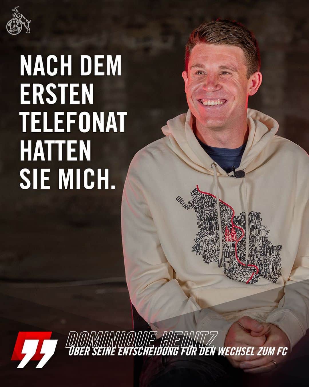1.FCケルンのインスタグラム：「Dominique Heintz spricht im Interview über seine Entscheidung für den FC und darüber, was ihn auch nach fünf Jahre Abwesenheit noch mit dem Club und der Stadt verbindet. ❤️🤍  Zum kompletten Interview geht‘s über den Link in der Story 📱」