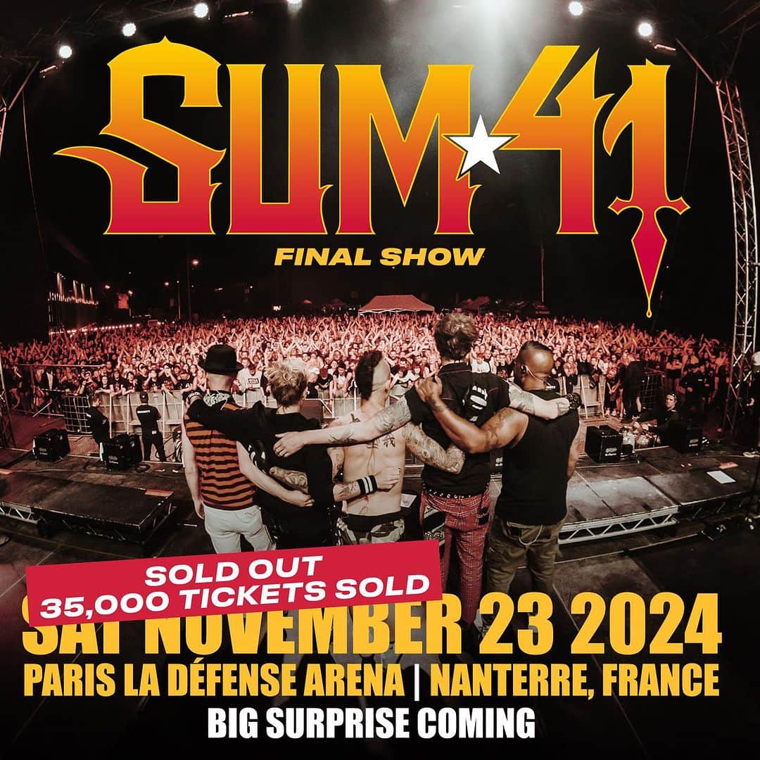 Sum 41のインスタグラム：「Our final Stadium show in Paris next November is now completely sold out. Over 35,000 skumfuks bought tickets! We also have a surprise for you, so stay tuned....」