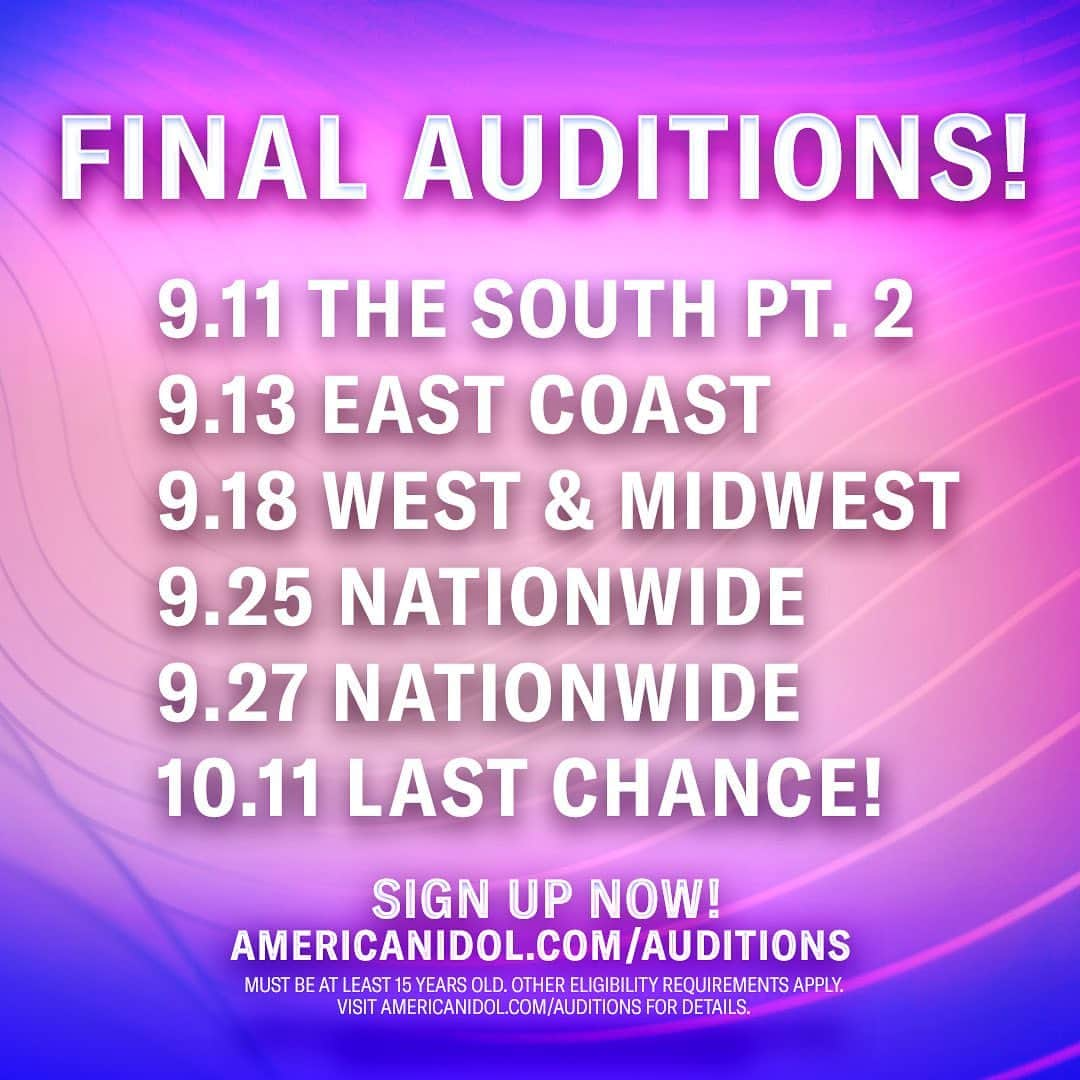 American Idolのインスタグラム：「Our 🚨FINAL🚨 auditions have been set!! Pick any of the 6️⃣ remaining dates! It'll be your last chance to become #TheNextIdol! 🤩」