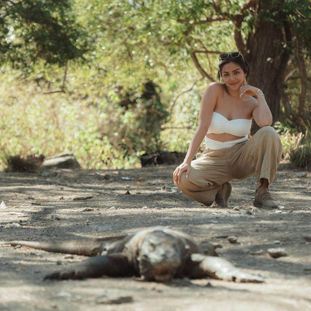 ジェシカ・イスカンダルのインスタグラム：「Jedar menjenguk Komodo di Pulau padar. Komodo merupakan spesies kadal terbesar di dunia, dengan rata-rata panjang 2-3 meter dan beratnya bisa mencapai 100 kg.  Komodo merupakan kanibal, spesies ini rentan terhadap kepunahan. #jedar #komodo #indonesia」