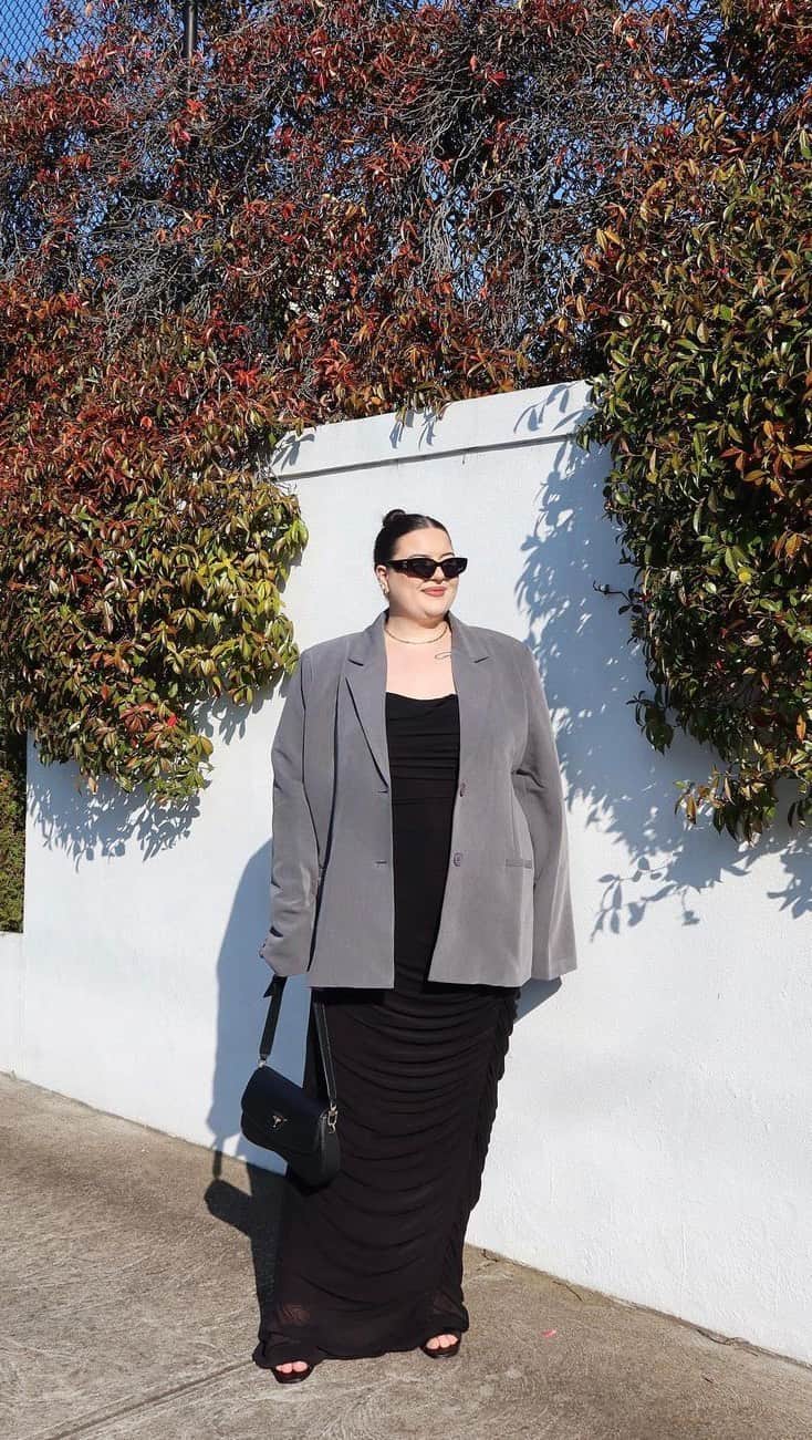 Beginning Boutiqueのインスタグラム：「We couldn’t be more obsessed with how @ajsecic has styled our NEW Cordelia Black Mesh Formal Maxi Dress and Allure Grey Blazer 🤍」