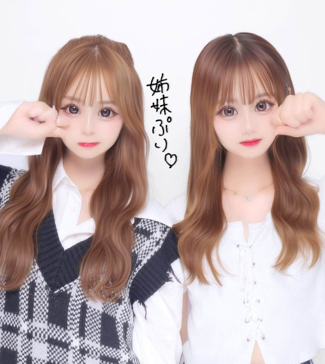 桜のインスタグラム：「姉妹プリ❤︎  髪染めてからしーちゃんに似てるってバカ言われる笑 似てる？？^ ^」