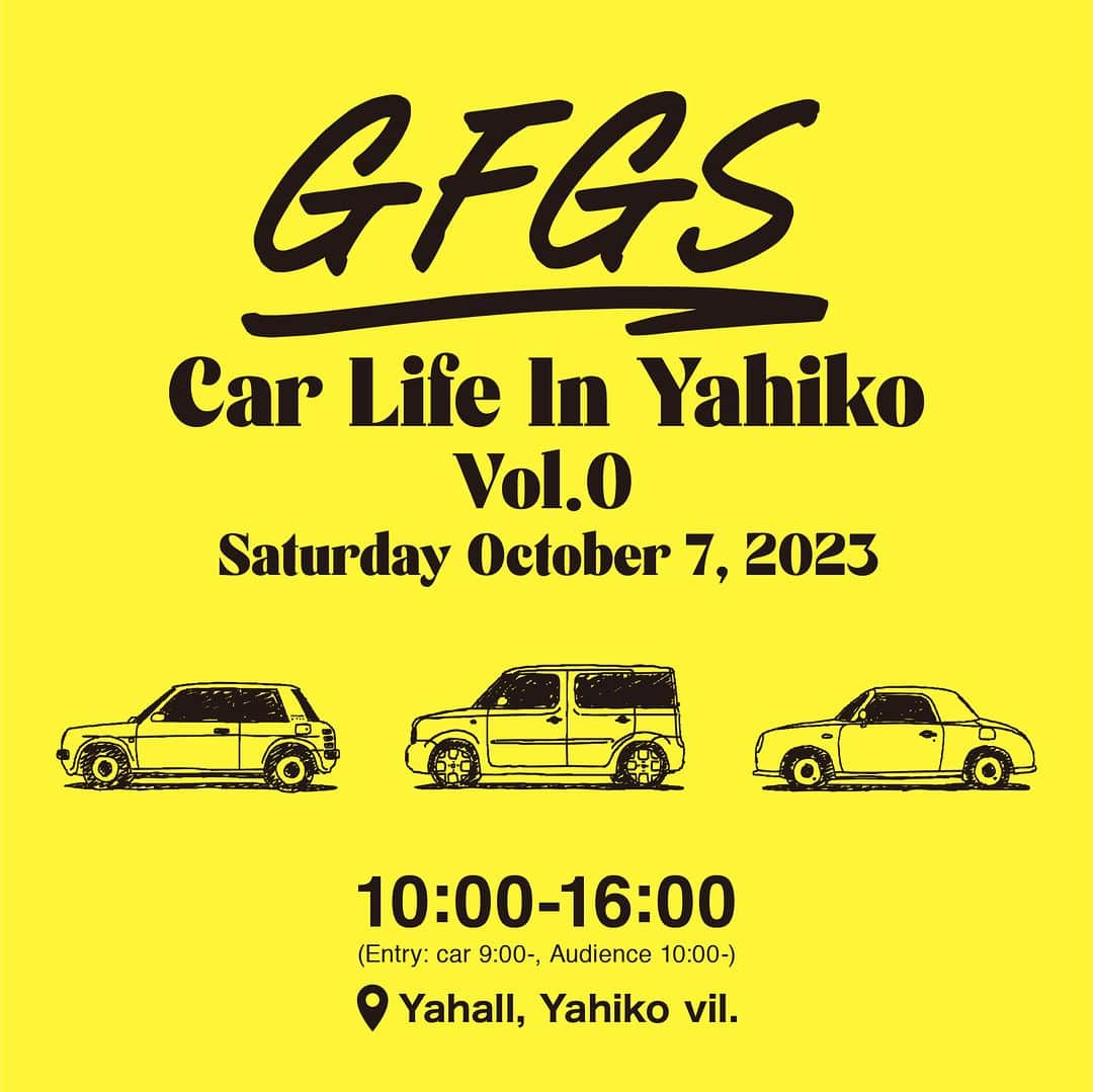 G.F.G.S.のインスタグラム：「. GFGSCarLife in Yahiko  2023.10.7 (SAT) 会場 弥彦村 ヤホール 10:00-16:00 （一般来客は10:00-、参加車のエントリーは9:00）  「クルマを通した人と人とのPOPな交流」を目的に 交通安全を祈願する弥彦神社の麓で クルマ好きが集うイベントを開催します！ 現在展示車のエントリー募集中です（エントリーノベルティあります！文末をご覧ください）  特設ページはこちらから https://www.gfgscarlife.net/gfgscarlifeinyahiko  (リポスト大歓迎です！)  —————  EVENT  1/ GFGS CARLIFE TALKSESSION VOL.4 in YAHIKO  日産フィガロ担当デザイナー・上原英理子氏と日産キューブデザイナー・桑原弘忠氏によるトークショーを開催。 G.F.G.S.とパイクカー関係者による、名車び誕生秘話・開発裏話などを、ラフな会話を通して様々な角度からお話しします。  2/ DJ/Artist booth GOOD BYE APRIL(@goodbyeapril )などのアーティストによる、DJイベントを予定中。  —————  展示車のエントリーについて   エントリー費は無料です。 主に1980〜2010年代の車をメインに 現在展示車・参加者を募集しています。  車種や国産・外車問いません。 パイクカーの参加、大歓迎！ 展示車エントリーノベルティとして、展示車1台につきMATCHBOXミニカーを1台進呈！ またオリジナルステッカーも1人1枚プレゼント。 皆様のエントリーお待ちしています！  ※1 自転車の積載ＯＫ ※2 当日9:00より受付 ※3 入場の際には簡単な誓約書の記入をしていただきます  当日はcube Z11型を、G.F.G.S.代表小柳の構想による架装で実現した 新たなG.F.G.S.号も展示されます。（現在鋭意塗装中！） -----------  主催：G.F.G.S.（GFGS CARLIFE） サポート：日産モータースポーツ＆カスタマイズ株式会社 / MATCHBOX  #gfgs #gfgscalife #carlife #cardesign #carlovers #lovecars #twingo #renaulttwingo #fiatpanda #fiat #nissancube #弥彦 #車イベント #パイクカー #パイクカー好き #車好き #pikecar #車好きな人と繋がりたい #可愛い車 #車好き女子 #車が好き」