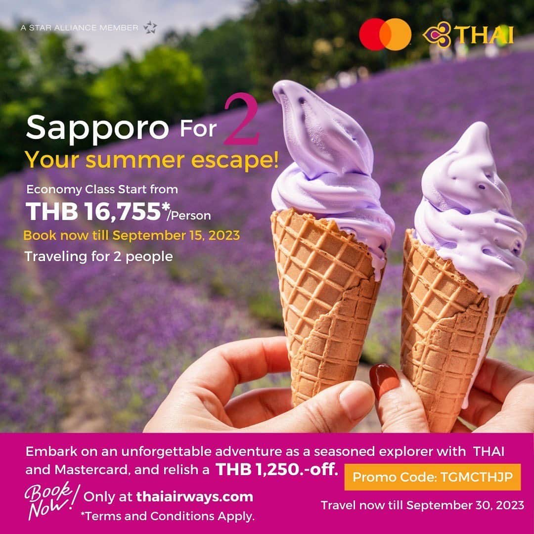 タイ航空のインスタグラム：「#ExploreHokkaidoTogether 🌄 Take off on an unforgettable adventure with your loved ones! Ride the cable car for stunning views of Hakodate, stroll through Maruyama Park, tour the Sapporo Beer Museum, or unwind in Noboribetsu's soothing spa town. Prices kick off at just 16,755 baht/person*. Book now 👉 thaiairways.com or the link on our bio.  Exclusive for Mastercard holders ✨ 👍 Get a 1,250 baht discount when booking your Thai Airways tickets at www.thaiairways.com with code “TGMCTHJP” and pay using your Mastercard. Book now 👉🏼 until September 15, 2023, for travel until September 30, 2023.  *Minimum of 2 adult passengers **Terms and conditions apply. 📜  #ThaiAirways #Mastercard #Japan #Sapporo #Hokkaido #GV2  #SmoothAsSilk #iFlyTHAI #MagicalJourney #THAIxMastercard #Asia #tg #hokkaidotrip #japantrip #hokkaidotravel #sapporoultimate」