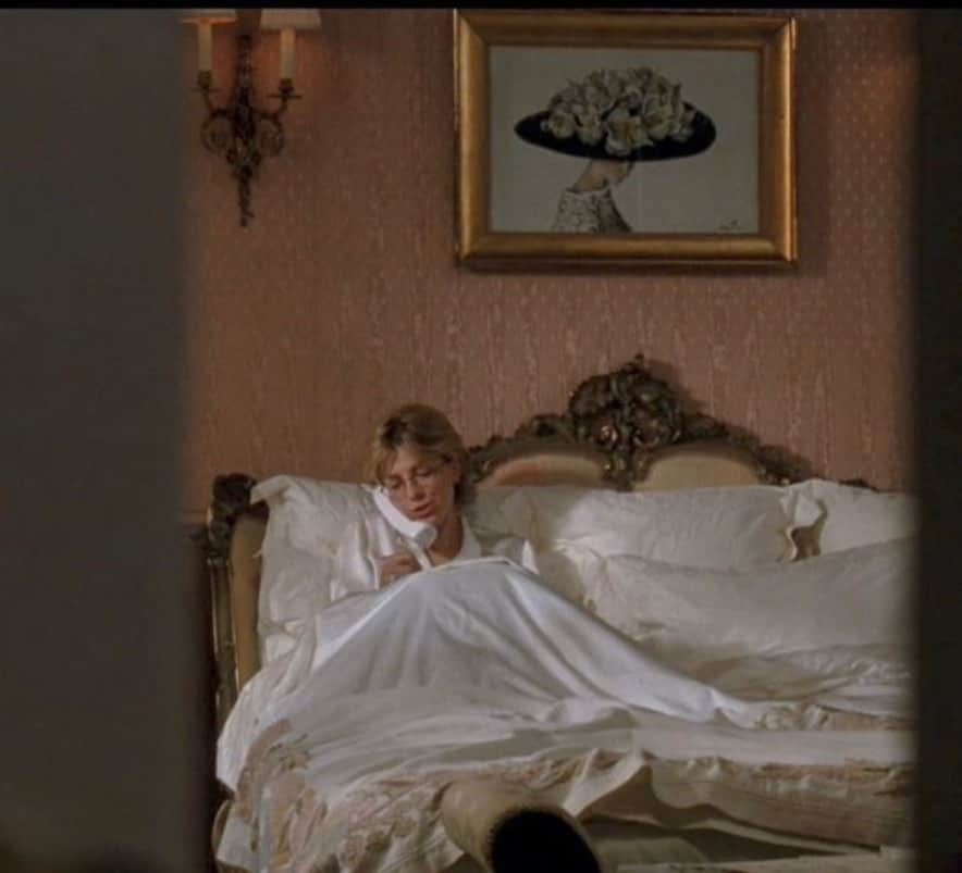 ナンシー・マイヤーズのインスタグラム：「That painting above the bed was something @charlesshyerofficial and I bought while shooting in London.  We thought it would look great in Elizabeth’s house so there it landed for a few days for the bedroom scenes. It feels good to put your own belongings in your characters sets. I think I’ve done that in all of my films. Painted by Cecil Beaton while designing My Fair Lady.」