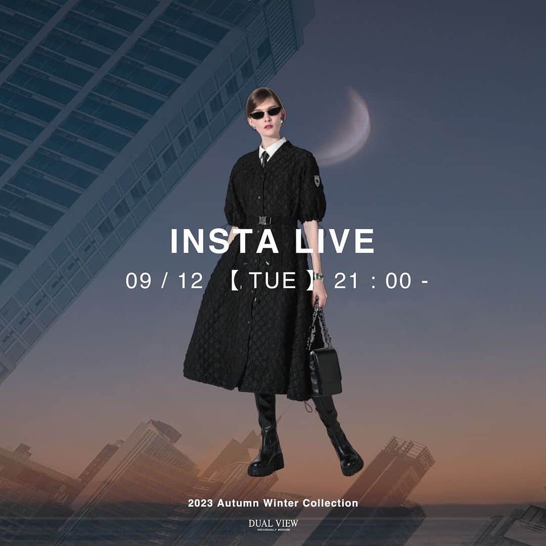 のインスタグラム：「9月12日21時より 久々にヒルトン店からLive配信します。 今季のアイテムの着回しを お伝えします。 お見逃しなく。  期間限定のお得な情報も Liveでお伝え💕 @dualview_official  @dualview_osaka」