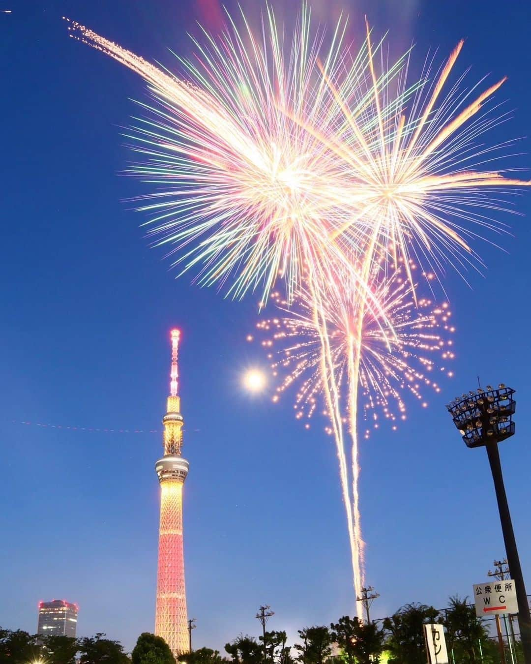 墨田区のインスタグラム：「月明かりと花火の光が交わるロマンチックな瞬間🌙  写真は #千葉大写真部　提供。  #墨田区#すみだ#sumida#東京#tokyo#わたしのすみだ自慢#これもすみだのシティプロモーション #隅田川花火大会 #夏の風物詩#隅田川の夜空#花火絶景#夏祭り#隅田川夜景#花火とスカイツリー#花火#夏の思い出#東京夏の夜 #１万人フォロワーありがとう　#祝1万人フォロワー」