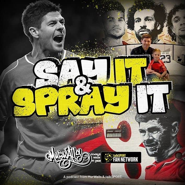 スティーヴン・ジェラードのインスタグラム：「🎙️ The latest episode of our podcast 'SAY IT & SPRAY IT', in collaboration with talkSPORT, is now LIVE! 🚨  In today's episode, we are joined by @Liverpoolfc & @England legend @stevengerrard to discuss what it feels like to be immortalised in a mural.  The link to listen is in our bio & on our stories 🔗  #podcast #talksport #murwalls #streetart」