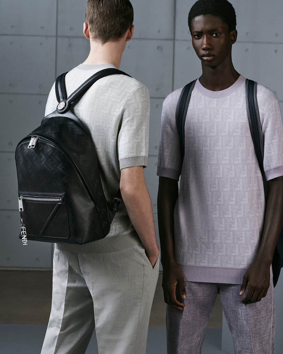 Fendiのインスタグラム：「A new level of comfort. Taking its name from the Italian word for "nail", the Fendi Chiodo backpack is designed with a central hinge, allowing the straps to move with the body.⁣ ⁣ Discover the style, new for #FendiFW23, now in boutiques and at Fendi.com.⁣ ⁣ Artistic Director of Accessories and Menswear: @silviaventurinifendi ​⁣ Artistic Director of Jewellery: @delfinadelettrez​⁣ ⁣ Photography: @brunostaub ⁣ ⁣ Styling: @ganio⁣ Makeup: @samiamohsein⁣ Hair: @ramoneyluv⁣ ⁣ Casting: @piergiorgio⁣ ⁣ Models: Vasko Luyckx, Douta Sidibe」
