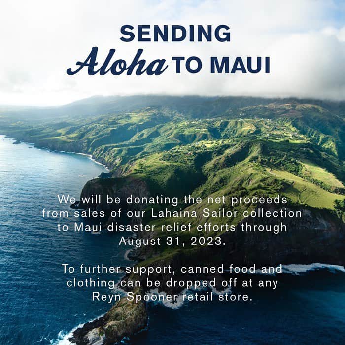 レインスプーナーのインスタグラム：「As a local company, it’s important to support our community when they need it most. The past five days we have been blown away by the support from our customers as they continue to help us raise money and drop off donations to aid Maui relief efforts. We will continue to donate net proceeds of sales of all Lahaina Sailor products through 8/31.」
