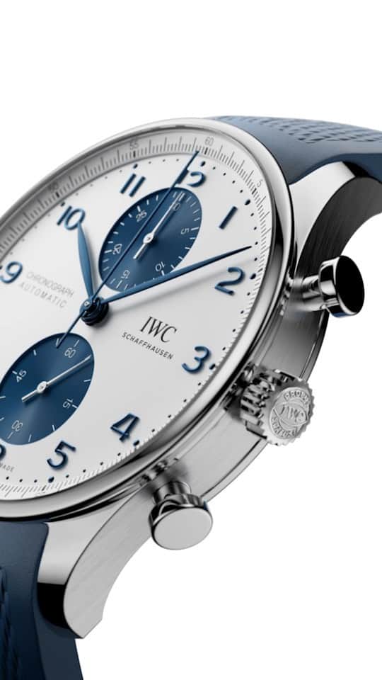IWCのインスタグラム：「The sapphire glass case back provides a view of the IWC-manufactured 69355 calibre. The chronograph movement in classic column wheel design enables the measurement of stop times of up to 30 minutes.  #IWCportugieser | #TheReference  🔗Link in Bio  ℹ White dial Stainless steel case 41mm IWC-manufactured 69355 Calibre Ref. IW371620」