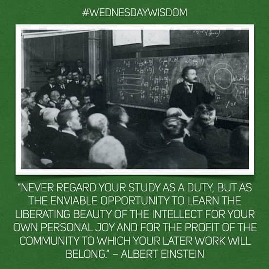 アルベルト・アインシュタインのインスタグラム：「#WednesdayWisdom: “Never regard your study as a duty, but as the enviable opportunity to learn the liberating beauty of the intellect for your own personal joy and for the profit of the community to which your later work will belong.” – Albert Einstein」