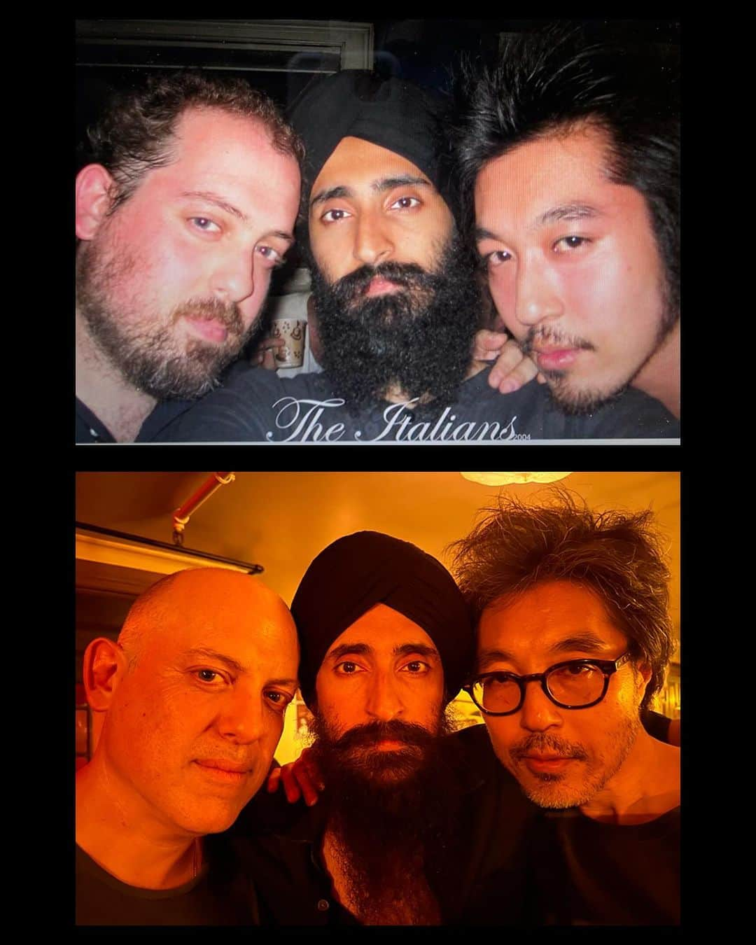 ケンゾーミナミさんのインスタグラム写真 - (ケンゾーミナミInstagram)「With the boys. @gordon_harrison_hull @houseofwaris   Top image : 20 years ago  Bottom image : Last night  Here is from Gordon: “There was a period of a few years in the early aughts where the 3 of us were inseparable and we were obsessed w the Cy Twombly painting “The Italians” bc to us it most accurately represented the insanity and energy and messiness of our lives in all of its chaotic beauty and so we started calling ourselves The Italians. Waris and Kenzo came out last night and Waris busted out this photo and made us re-create it; also proving that he doesn’t age.”  At @lovelydayny」8月17日 0時06分 - kenzominami