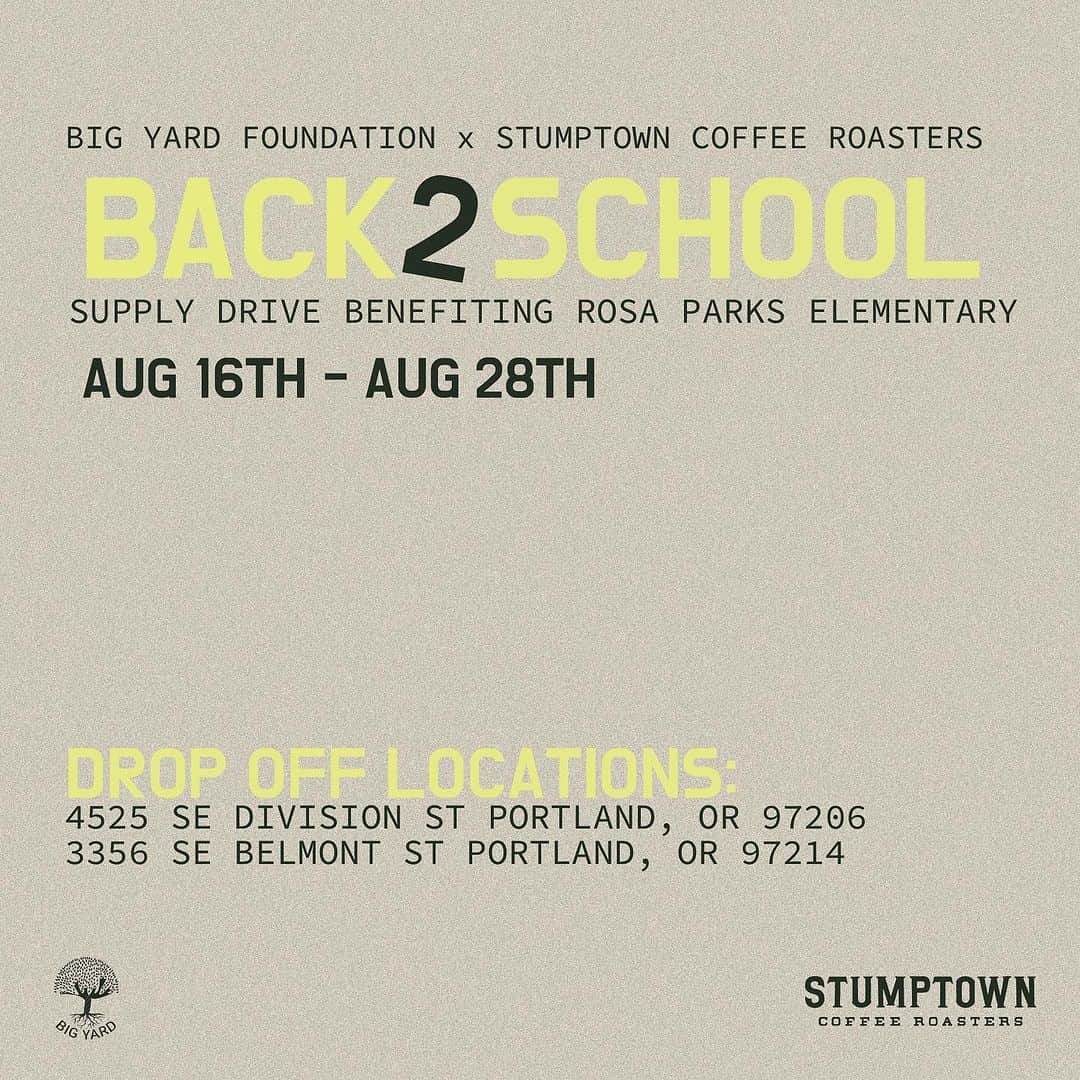 Stumptown Coffee Roastersさんのインスタグラム写真 - (Stumptown Coffee RoastersInstagram)「Get ready to sip for a cause as The Big Yard Foundation teams up with Stumptown Coffee Roasters for our School Supply Drive! 📝🖍️  Mark your calendars: From August 16th to August 28th, swing by the Eastside Stumptown Coffee Roasters locations and join us in giving back to Rosa Parks Elementary School.   Here's the deal:  - Bring in brand-new school supplies – think notebooks, pencils, backpacks, you name it! (see our supplies list for more) - Swing by either one of Stumptown's East side locations during the drive dates. - Show your donated items at the checkout and enjoy a heartwarming treat: Buy One Drink, Get One Free!   Let's combine our love for a good brew with our passion for education! Your generosity will directly impact the students at Rosa Parks Elementary School, ensuring they have the tools they need to thrive in the coming year.   Spread the word, bring your friends, and let's brew up a storm of support!   We can't wait to see you at Stumptown Coffee Roasters, making a difference one sip and one school supply at a time! 🌳」8月17日 1時25分 - stumptowncoffee
