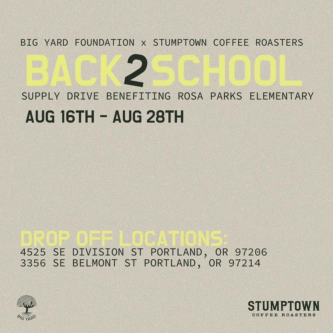 Stumptown Coffee Roastersのインスタグラム：「Get ready to sip for a cause as The Big Yard Foundation teams up with Stumptown Coffee Roasters for our School Supply Drive! 📝🖍️  Mark your calendars: From August 16th to August 28th, swing by the Eastside Stumptown Coffee Roasters locations and join us in giving back to Rosa Parks Elementary School.   Here's the deal:  - Bring in brand-new school supplies – think notebooks, pencils, backpacks, you name it! (see our supplies list for more) - Swing by either one of Stumptown's East side locations during the drive dates. - Show your donated items at the checkout and enjoy a heartwarming treat: Buy One Drink, Get One Free!   Let's combine our love for a good brew with our passion for education! Your generosity will directly impact the students at Rosa Parks Elementary School, ensuring they have the tools they need to thrive in the coming year.   Spread the word, bring your friends, and let's brew up a storm of support!   We can't wait to see you at Stumptown Coffee Roasters, making a difference one sip and one school supply at a time! 🌳」