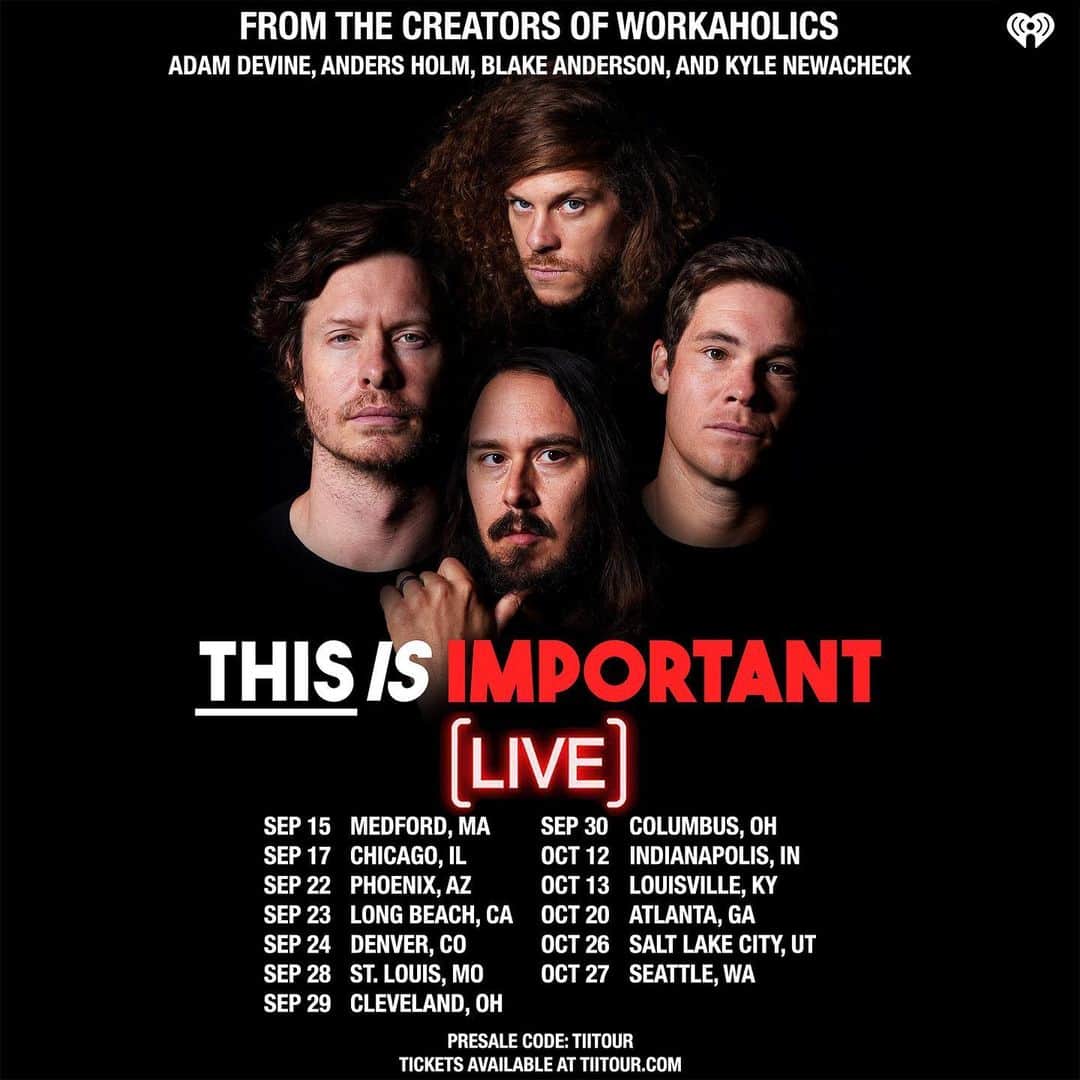 アダム・ディバインのインスタグラム：「TII NATION! We are taking the show on the road! I’m so damn excited for this tour. It’s going to be a blast and it’s very possible one of us will get arrested.  Link in bio. PRE SALE starts tomorrow 8/17 at 10am est. Use code TIITOUR. Tix avail to everyone on Friday. Also, we will be adding dates through the end of the year. This is just the first wave.」