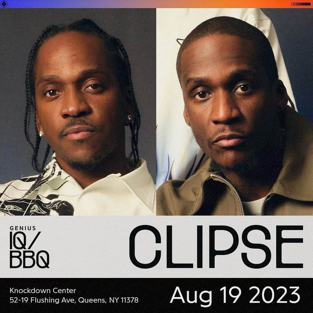 のインスタグラム：「Come see @clipse at the Genius IQ BBQ on 8/19 at the Knockdown Center in Queens NY!! Come one come all!! @genius #GeniusIQBBQ」