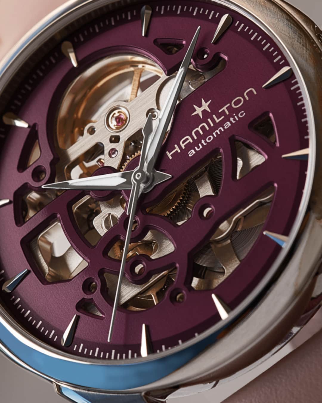 Hamilton Watchのインスタグラム：「The intricate mechanics on full display.  This 36mm Jazzmaster Skeleton Auto is a wearable work of art, revealing the symphony of horology through its skeletonized plum-hued dial.  #hamiltonwatch #new #watch #watchoftheday  (Ref. H32265801)」