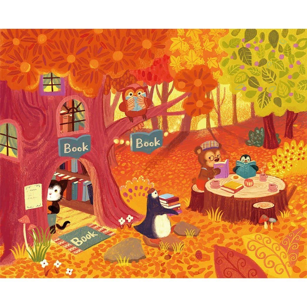 おおで ゆかこのインスタグラム：「『健康教室』(東山書房) 9月号は森の図書館を描きました。 コーヒーを飲みながら紅葉で色づいた森の中での読書、ほっこりした特別な時間を過ごせそうです✨🍁」