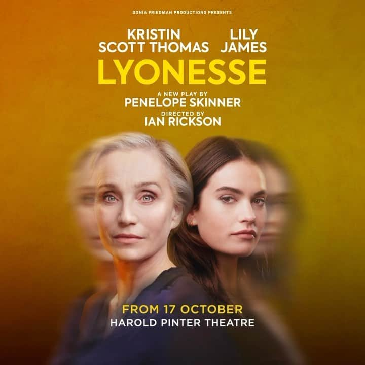 リリー・ジェームズのインスタグラム：「An exclusive first look at our brand new #LyonesseOnStage artwork.🧡  Lyonesse is a searingly funny and passionate new play starring #KristinScottThomas and #LilyJames. A story for our times, written by #PenelopeSkinner, directed by #IanRickson.  Coming to the @haroldpintertheatre in October 2023 for 10 weeks only.   📸 @michaelwharley」