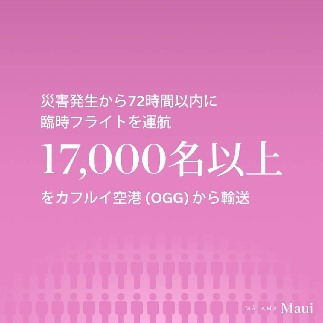 ハワイアン航空さんのインスタグラム写真 - (ハワイアン航空Instagram)「マウイ島は私たちの親友、家族、コミュニティです💜 当社では甚大な被害にあったマウイ島のコミュニティに対し、最大限の支援を行ってまいります。  ハワイアン航空ではマウイ島の住民や観光客の避難を最優先し、災害発生から72時間以内に数百便の臨時フライトを運航し、計17,000名以上の人々をカフルイ空港から輸送しました。また災害発生から1週間の間に約27トンの輸血用血液、医療用品、通信機器、動物のケージなど支援物資の輸送を実施しました。  旅客機や貨物便を使ってマウイ島の支援を行っているほか、復興に向けて様々な団体の活動をサポートしています。復興支援にご興味がある方はぜひご参加ください💜  詳しくは#ハワイアン航空公式ウェブサイト をご覧ください👆  #MalamaMaui #ハワイアン航空  #Maui #SupportMaui」8月17日 19時54分 - hawaiianairlinesjp