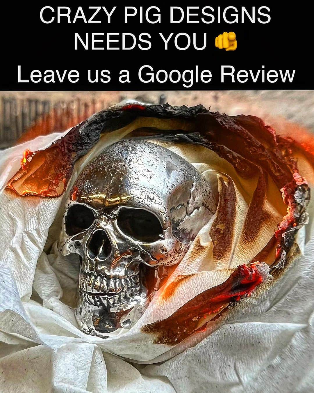 クレイジーピッグのインスタグラム：「Show your support for Crazy Pig Designs London with a Google Review 🙏 it doesn’t matter when you shopped with us or maybe you just came in to have a look; if you liked what saw or have a memory of the staff/service please leave us a review 🙏  Reviews help us in all sorts of ways so if you leave us one, we’ll love you for it 🔥 🔥 🔥 To leave a review, Google “Crazy Pig Designs” and select “Review” highlighted on the second picture 🤞 Thank you! 🫵 . . . . . #support #review #google #skull #ring #jewellery #fire #handmade #gothic #metal #rocknroll #silver #sterling」