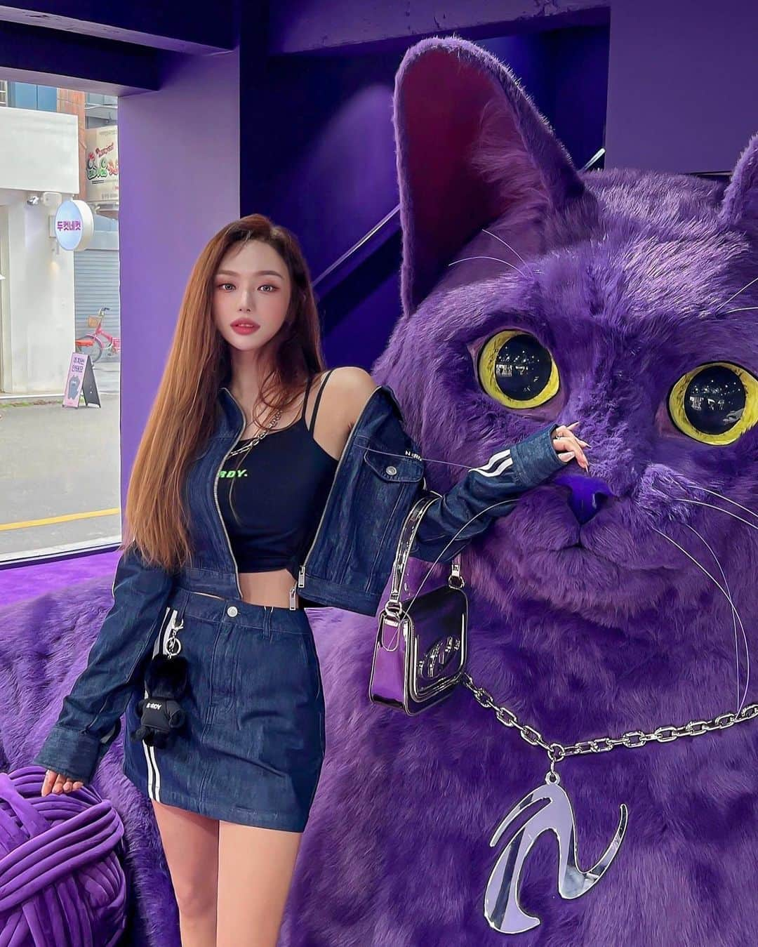 パク・ソヨンのインスタグラム：「자이언트 냥이 두마리 업고 가실분~~🐱💜 두번째 사진에 저 째려보는거ㅋㅋㅋ너무 귀엽지 않나요🤣🤣」