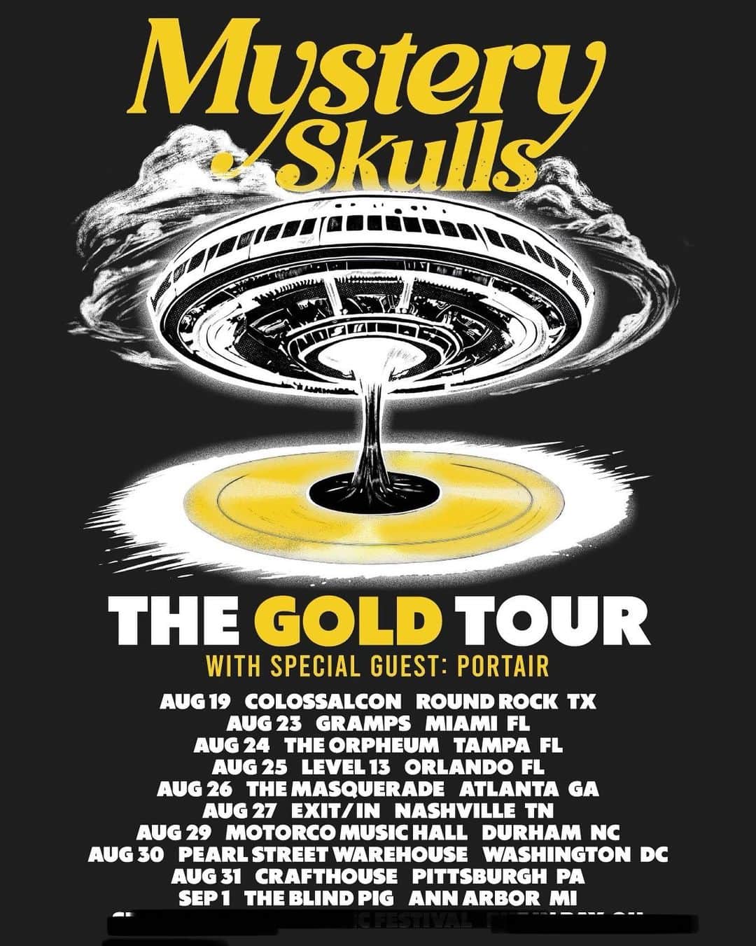 ミステリー・スカルズのインスタグラム：「The Gold Tour starts in 2 days! Can’t wait to see you again on the east coast, with support from @portair ✨ VIP upgrades available 🛫 come to our soundcheck, get a Polaroid & exclusive merch 👀 all the infos over at mysteryskulls.com」
