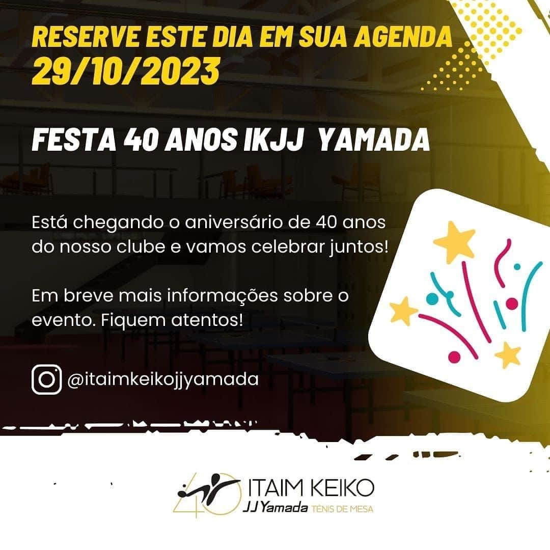 ジェシカ・ヤマダのインスタグラム：「Está chegando o aniversário de 40 anos do clube @itaimkeikojjyamada 🎉🎉  Em breve traremos mais informações explicando tudo certinho!!!  Será maravilhoso ter a sua presença, de amigos e familiares.  Conto com a colaboração de todos para fazer parte 👊🏽  @itaimkeikojjyamada @itaim.keiko.jjyamada @matchpointtabletennis @jessica_yamada @marcosyamadatt @cazuomatsumoto @teammancinitm  @richard_pinheiro_013」