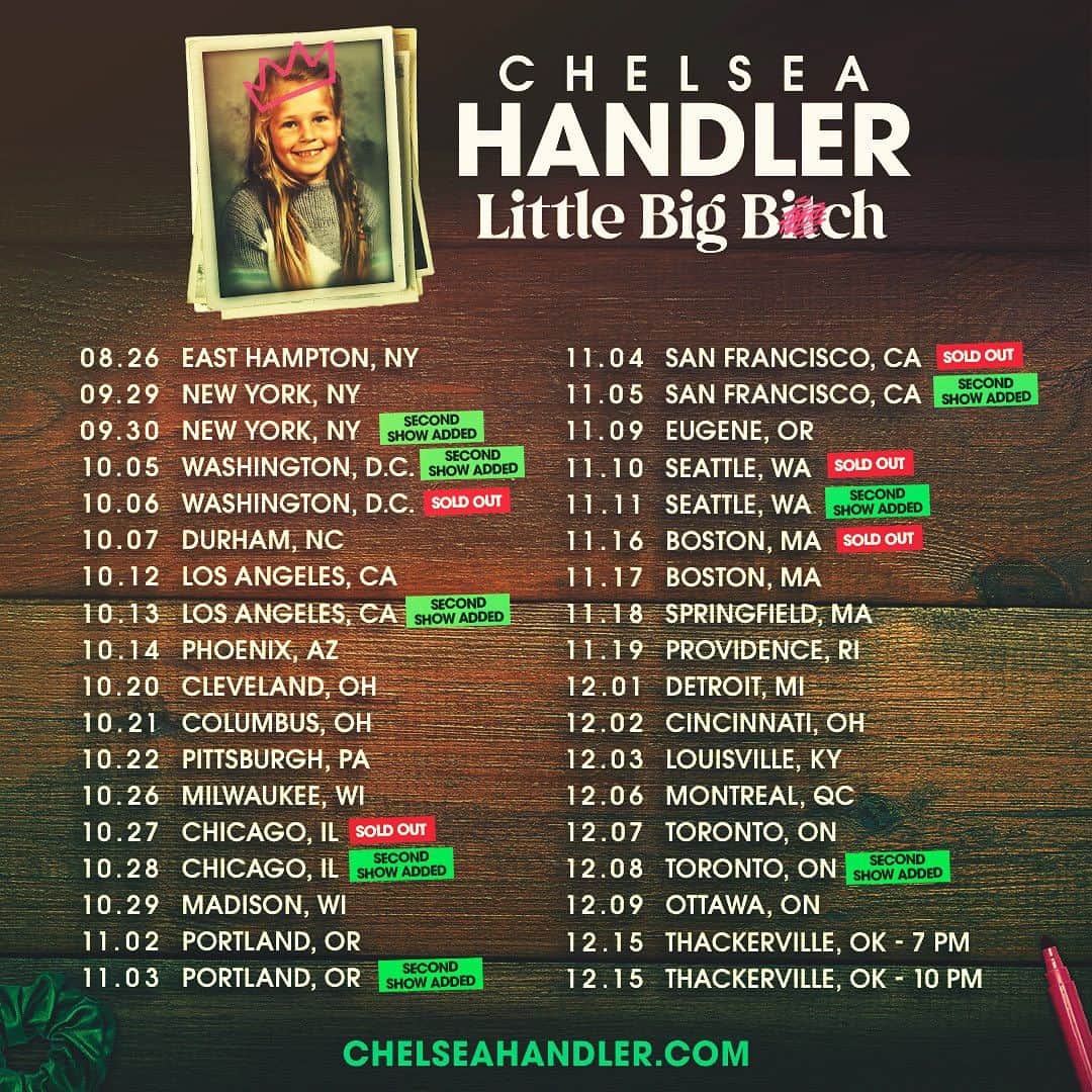 チェルシー・ハンドラーのインスタグラム：「TORONTO! Second show added. THACKERVILLE, OKLAHAMA! Im coming your way, too!   Pre-sale starts now. Code: LITTLE」