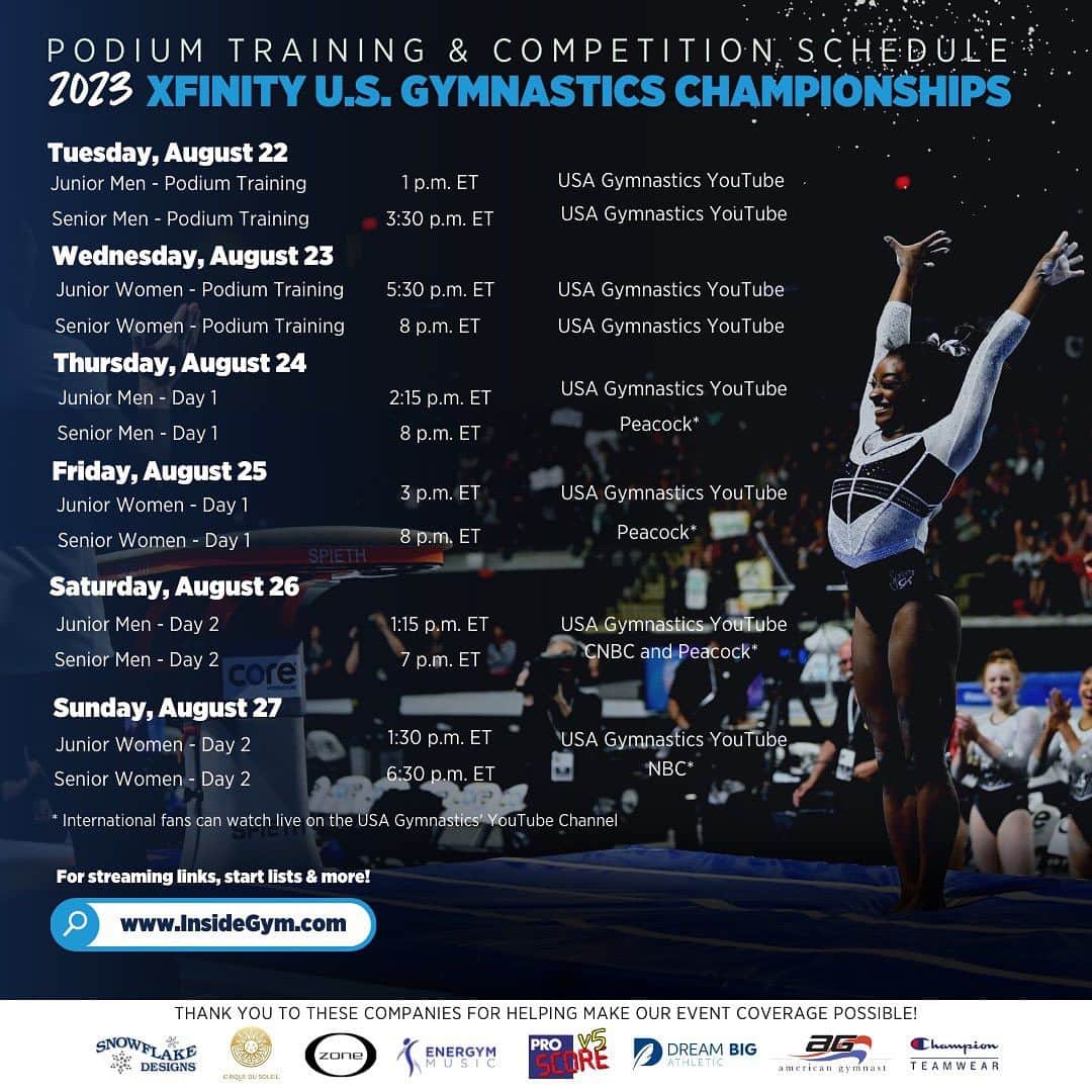 Inside Gymnasticsさんのインスタグラム写真 - (Inside GymnasticsInstagram)「Screenshot & save so you don’t miss any of the action next week!  #XfinityChamps  Streaming links, who’s competing and what’s at stake in San Jose can be found on InsideGym.com!」8月18日 4時39分 - insidegym