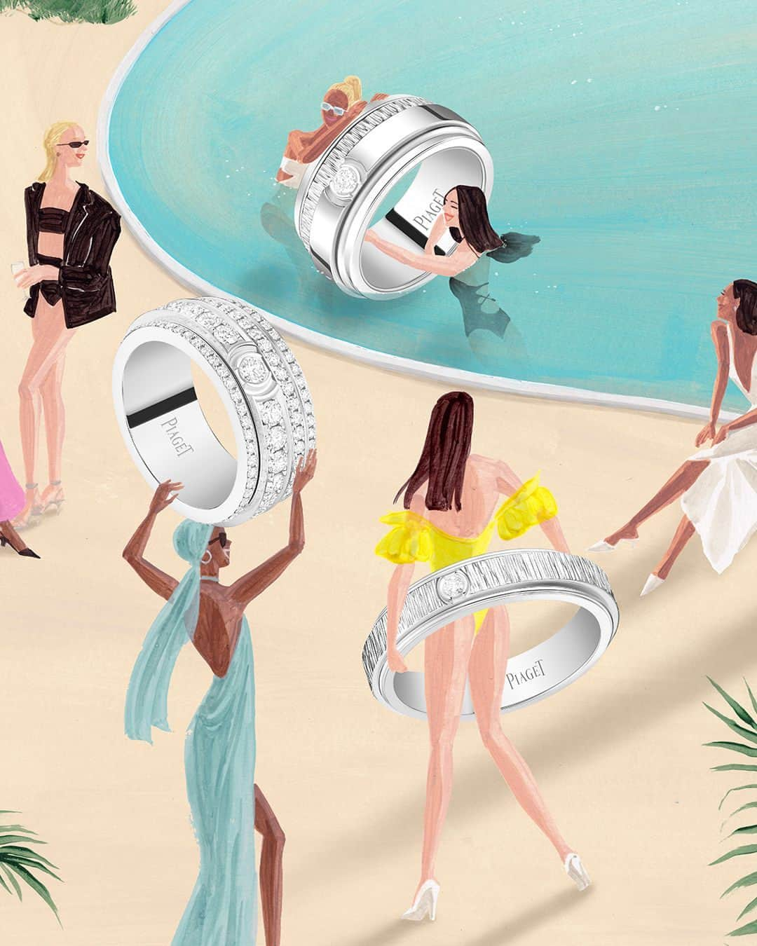 ピアジェのインスタグラム：「We pause and play with friends at the villa pool.  From Piaget’s most playful collection, discover the Décor Palace-engraved white gold, brilliant-cut diamonds, and signature turning movement of the Possession Rings, and turn the present moment into a precious possession.  #Piaget #MaisonOfExtraleganza #PiagetSociety #PiagetPossession」