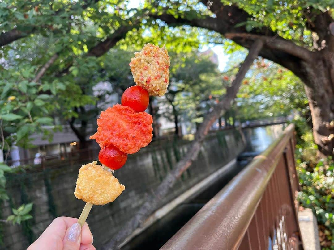 峯宇美七虹（みな氏）さんのインスタグラム写真 - (峯宇美七虹（みな氏）Instagram)「中目黒で食べ歩き〜！ 鶏肉もトマト好きだからめちゃくちゃ美味しかった、、、 ちきてんは好きなソースが選べるから明太マヨにした！ 駅近だしぜひ行ってみてください◎ #とまちき串 #ちきてん #ちきてんtokyo #中目黒グルメ #食べ歩き」8月18日 13時58分 - _mina37stagram_