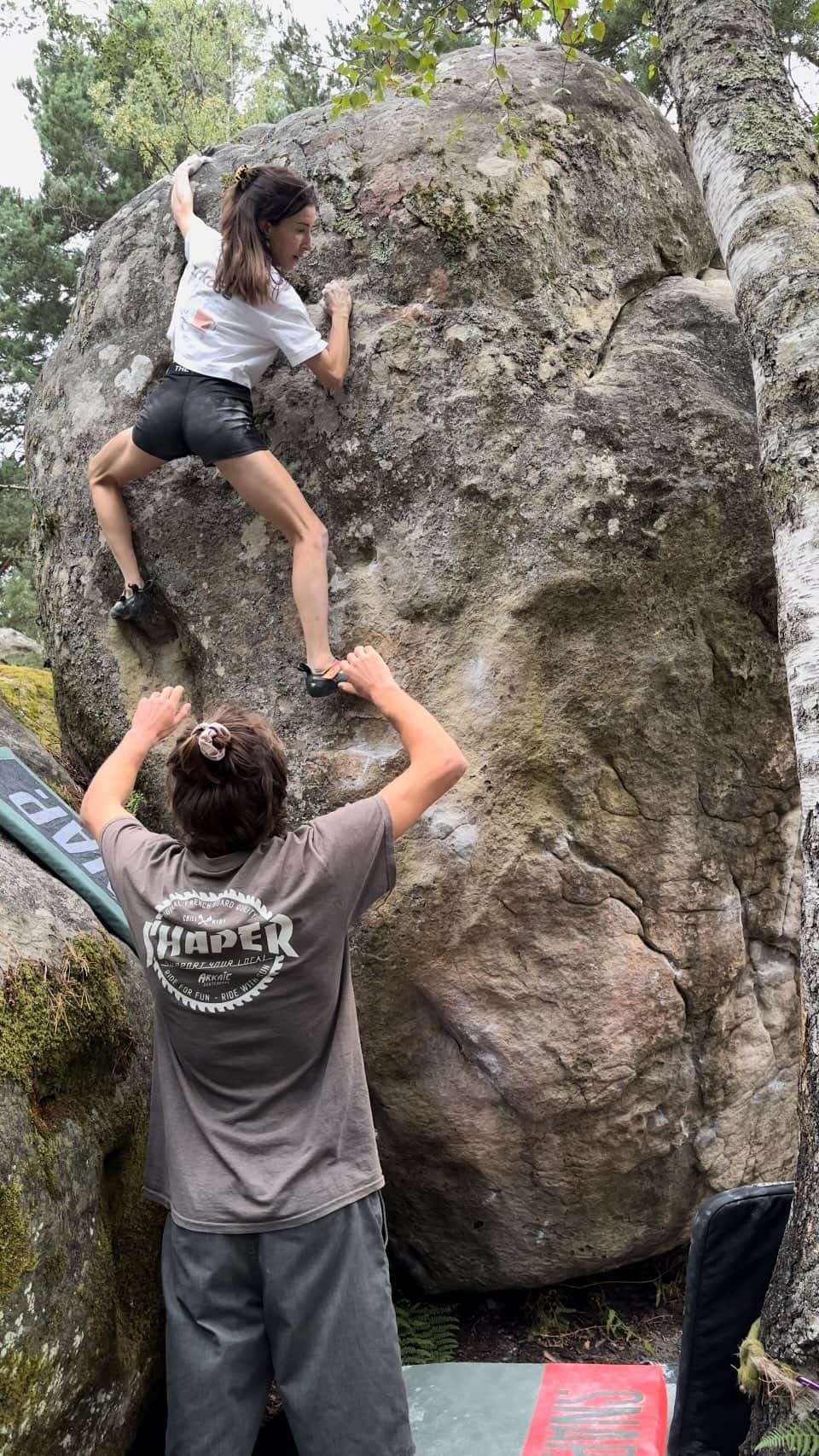 キャロライン・シノのインスタグラム：「🎥 Caterpillar at Rocher Canon. Only 3 repetitions in 20 years although Chasseur de prises on the right is one of the mega classics of the area. 🫶Needs an upgrade to 7C+ or even 8A. Feels harder than Chasseur sit. 4 hard moves. From hard undercut move at the beginning to matching the crimp almost no foot and then hard lock off to a narrow pocket and after the crux is to pull on it with a high right foot. Then it’s finished but your above a rock🙈 Super good rock quality💎 @crimpoilofficial #recoverfaster @girlsinbleau @arkose.climbing #arkoesheroes @snap.climbing @frictionlabs @scarpaspa」