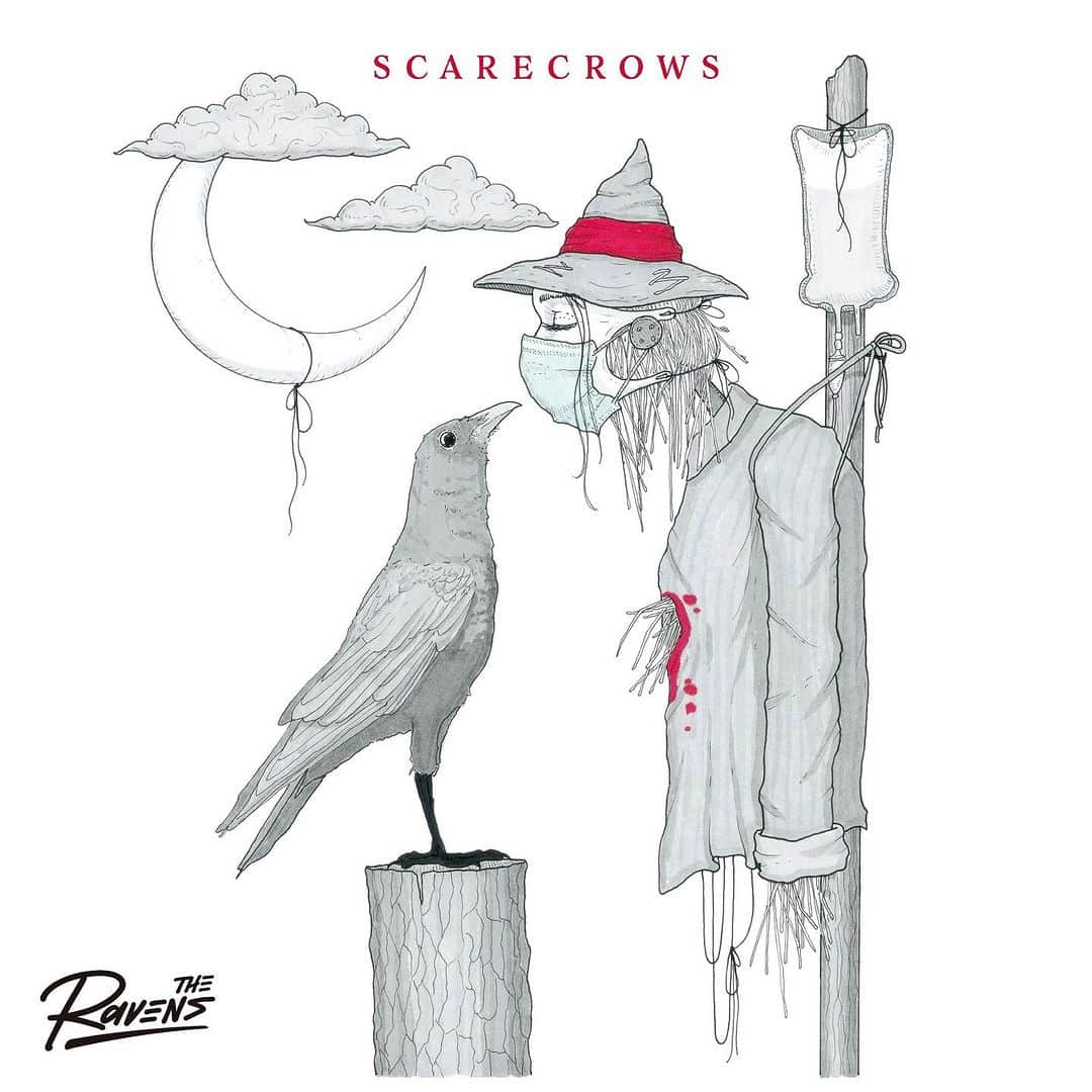 桜井誠のインスタグラム：「The Ravens レイブンズのセカンドアルバムのジャケットアートワーク&収録曲情報解禁！ 震えて待て！！←言ってみたかった  2023年9月27日（水）Release  『SCARECROWS』 01. Hi There 02. Nimby 03. Black Jean Boogie 04. （曖昧さ回避） 05. Scarecrows 06. Maple Avenue 07. Picaresque 08. Kick Out The Jam 09. Drunken Band 10. Friends & Lovers 11. 百花爛漫 12. Picnic 13. Hermes  Illustration : Aaron Smith @flight_of_the_ibis  #theravens #scarecrows」