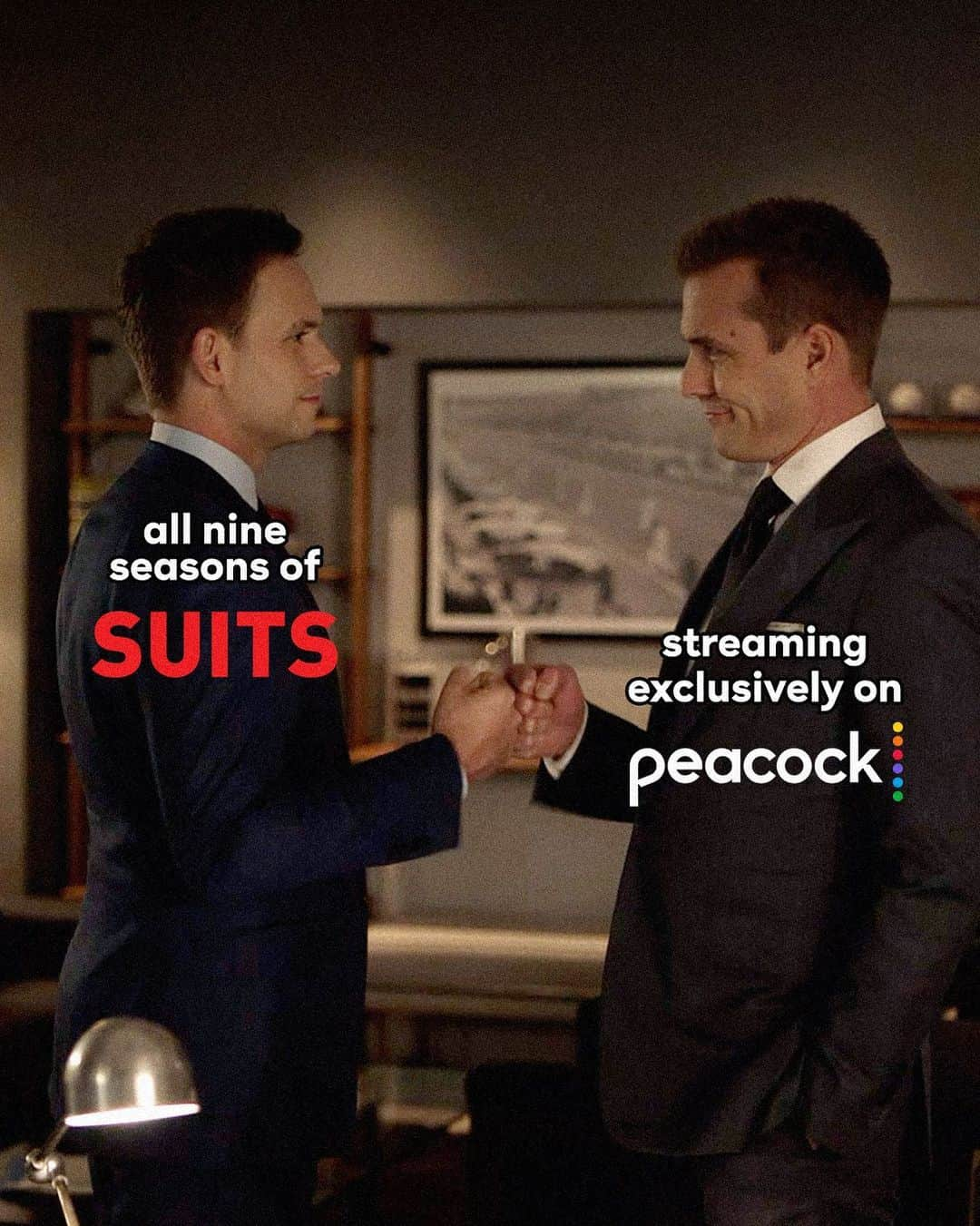 スーツのインスタグラム：「All nine seasons of #Suits (yes, all of them) are streaming now on Peacock.」