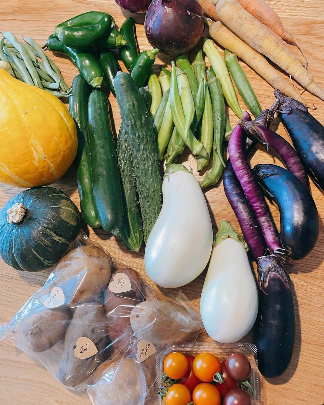 永田レイナのインスタグラム：「🍆🫑🍅🥒🥔 夏野菜がおいしくてごはんを作るのが楽しい。 たまにストーリーズにあげているごはんの写真は ハイライトに載せてます🍚  #レイナキッチン #おうちごはん」